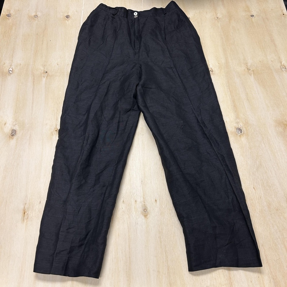 Harvé Benard Dress Pants Womens Med In Black Linen Twill Pleated Relaxed Office